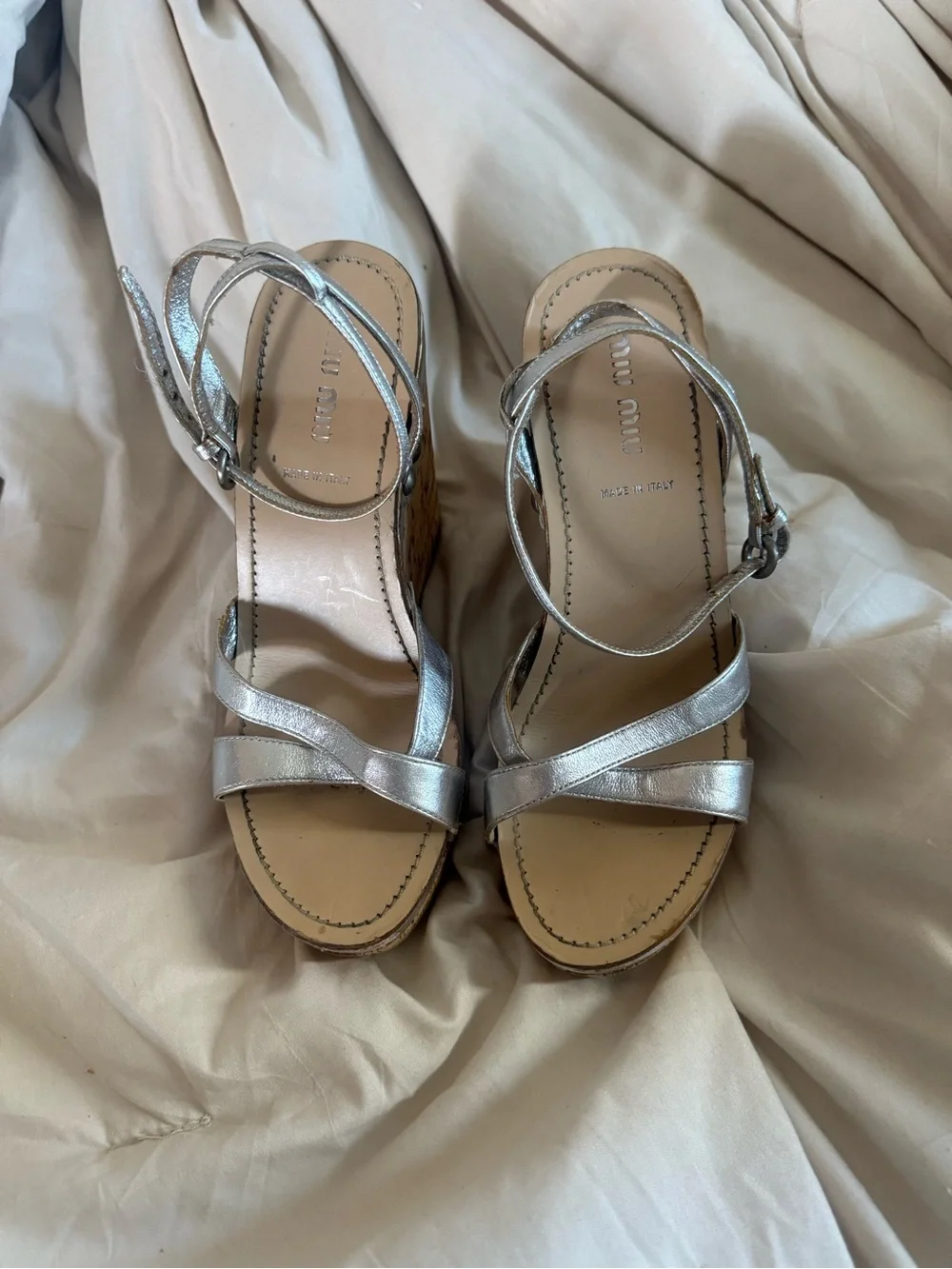 Silver Metallic Cork Wedge Sandals with Ankle Strap